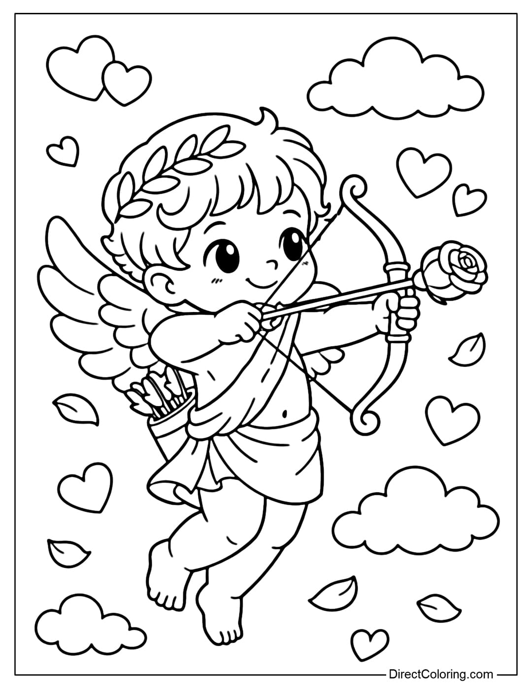 A cute coloring page of Cupid drawing his bow and shooting an arrow with a rose-tipped arrow, surrounded by hearts and clouds.