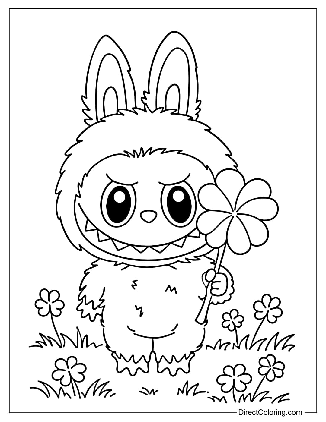 Labubu is holding a large lucky four-leaf clover, standing in a simple patch of grass with a few shamrocks around her.