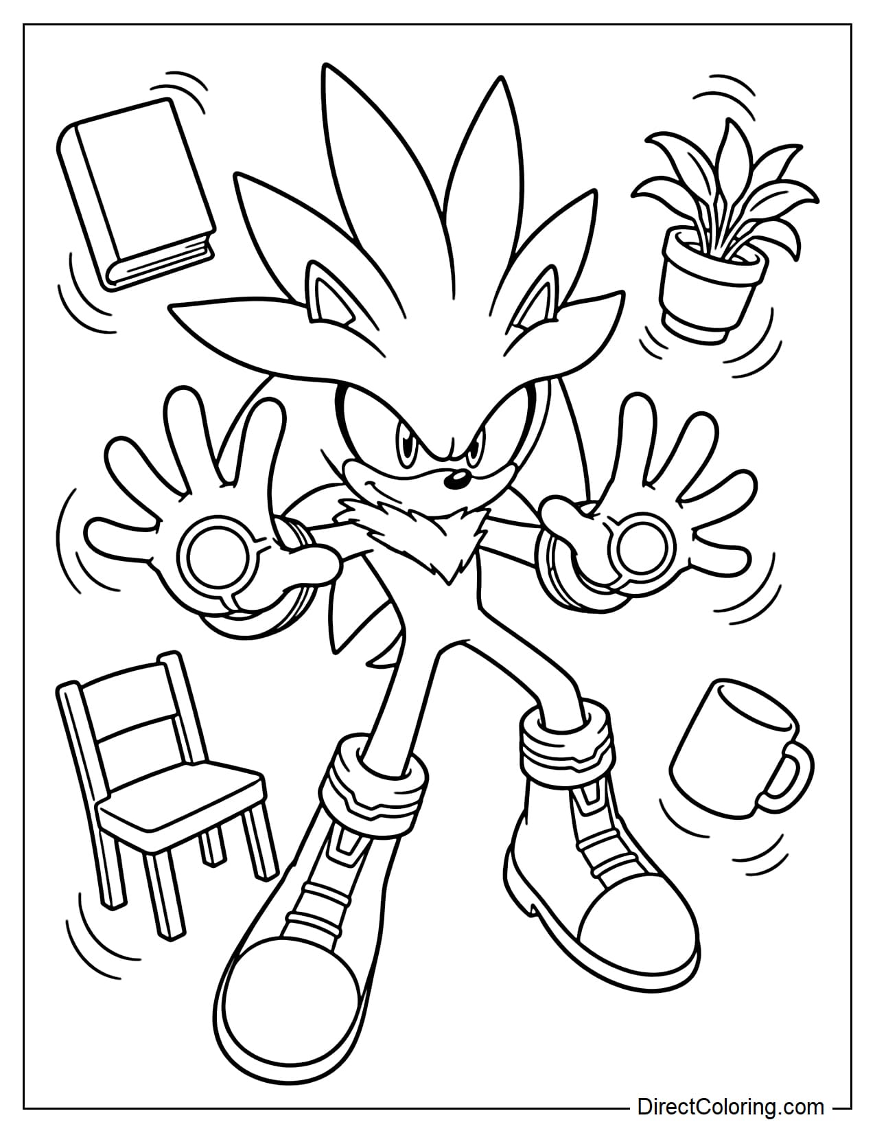 Silver is using psychic power, his hands extended forward, with small objects flying around him.