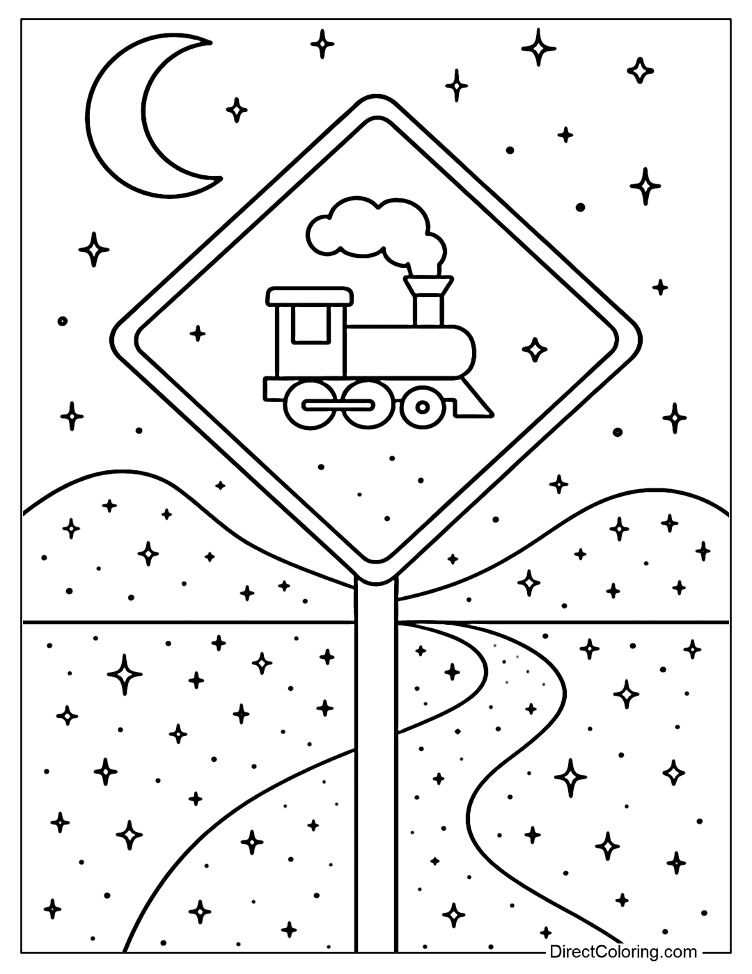 The train sign coloring page, the rails are like a galaxy, with a faint star hill behind.