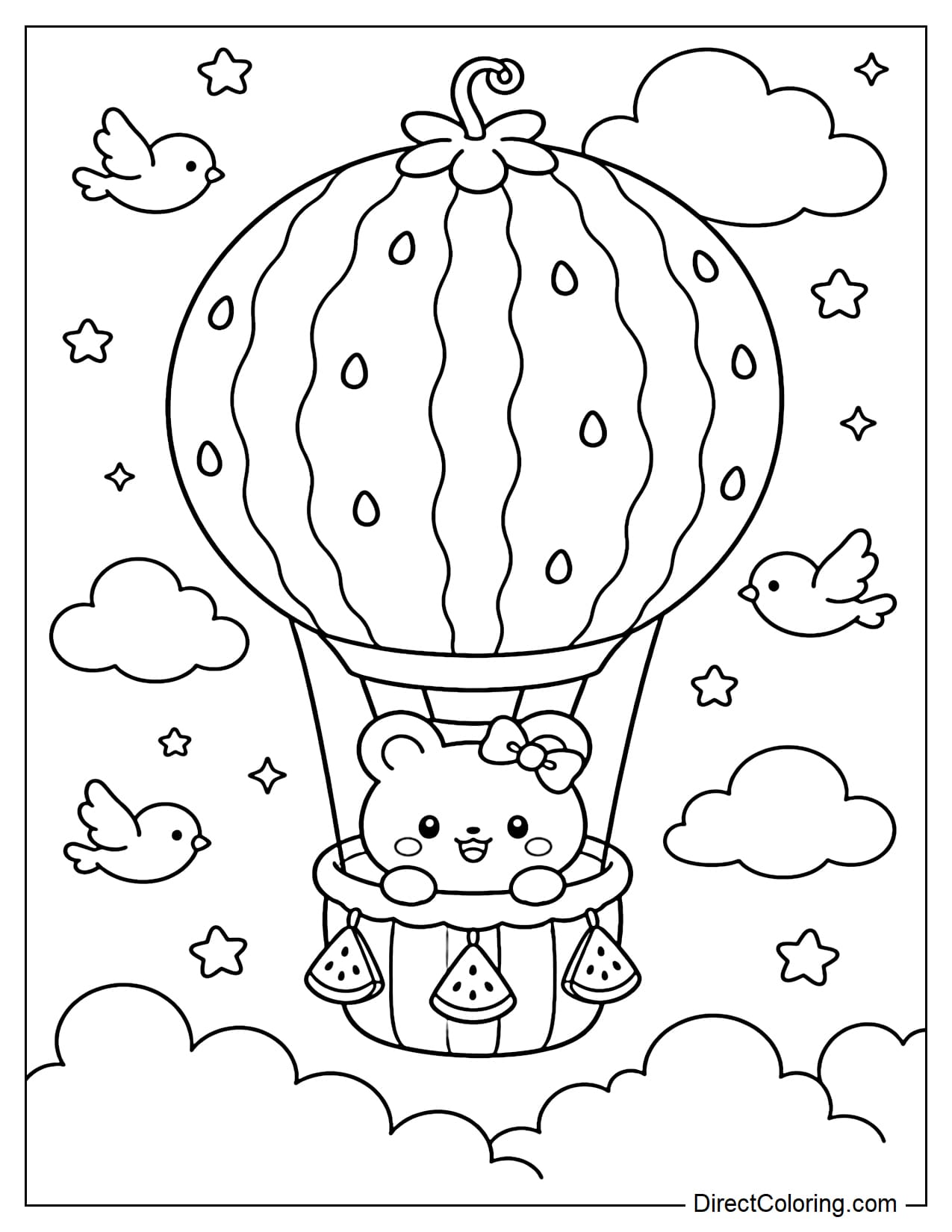 A watermelon-shaped hot air balloon floating on the clouds, with some stars and small birds.