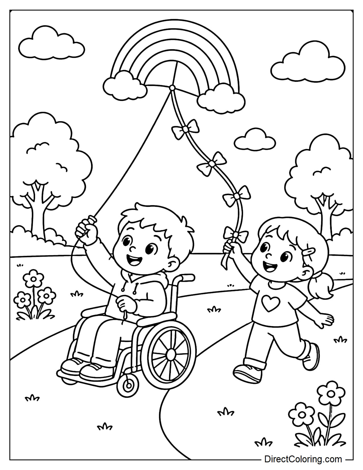 A child in a wheelchair is happily flying a rainbow kite in the park, with a friend helping to hold the kite's tail.