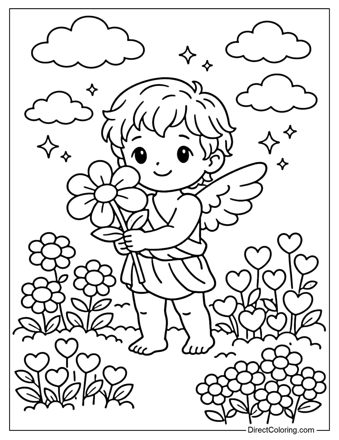 A Cupid coloring page showing a Cupid holding a large flower in a flower garden, surrounded by round and heart-shaped flowers.
