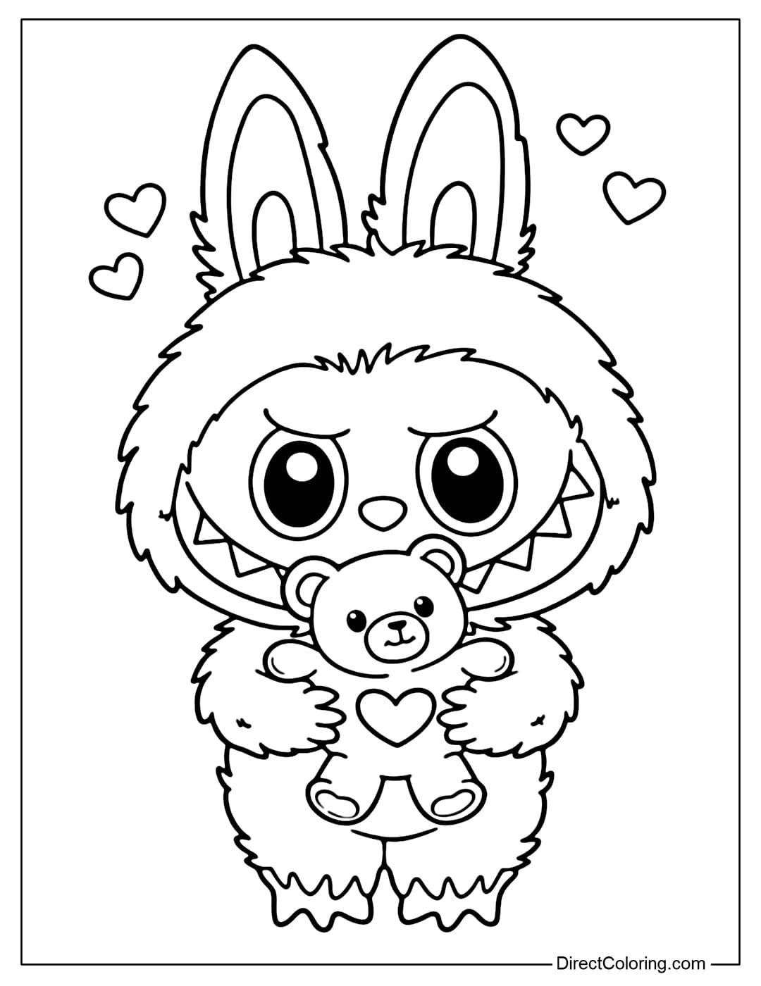 A Labubu coloring page featuring her hugging a small teddy bear with a heart on its chest, surrounded by smaller hearts.
