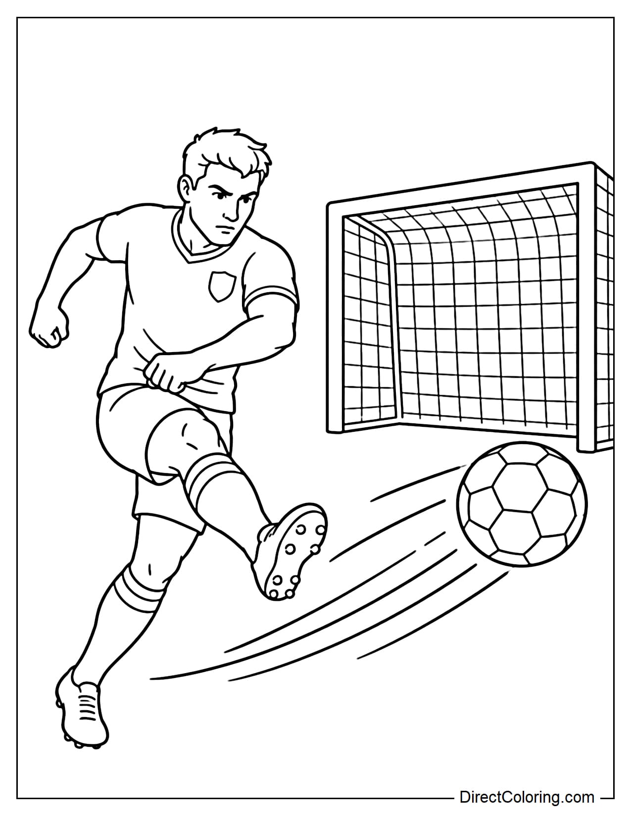 A player takes a powerful shot with simple movements behind the ball towards the goal.