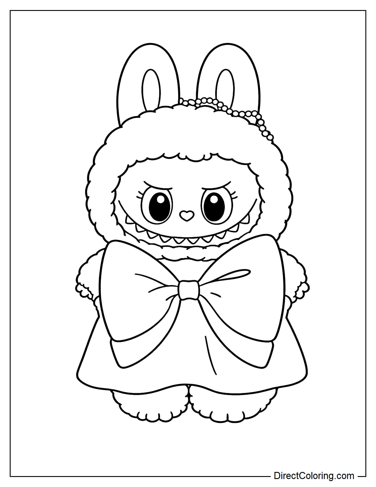 Cute Labubu is wearing a dress with a large bow on the chest, standing straight with arms slightly outstretched, and big round eyes.