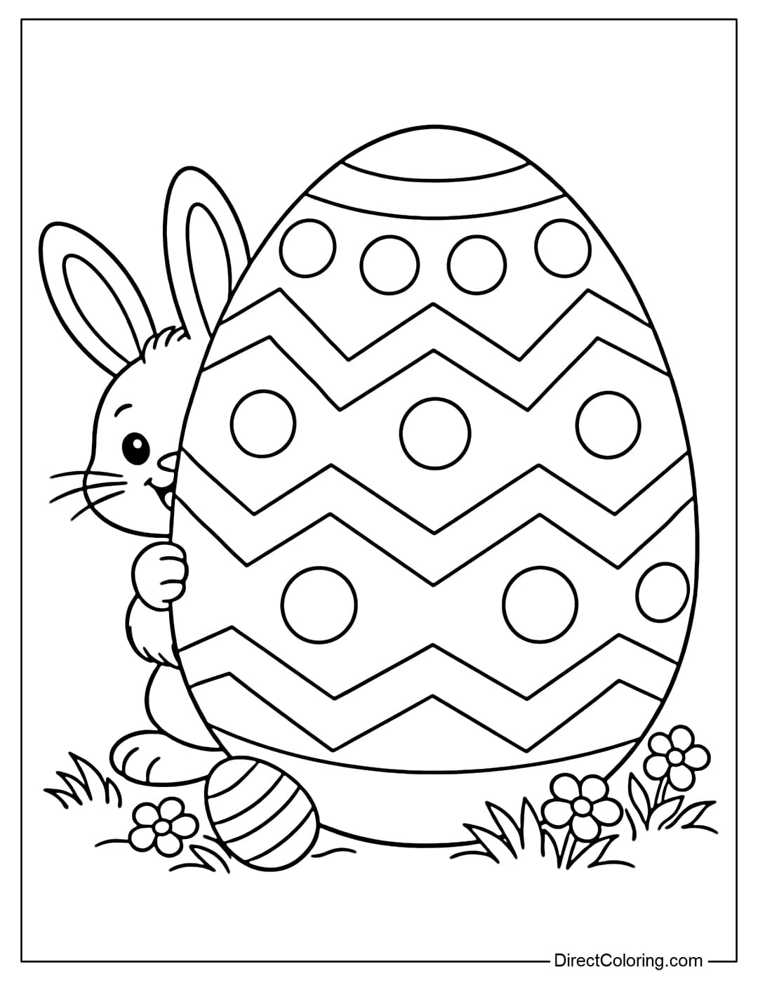 An Easter bunny coloring page standing behind a giant egg with large zigzag and polka dot patterns.