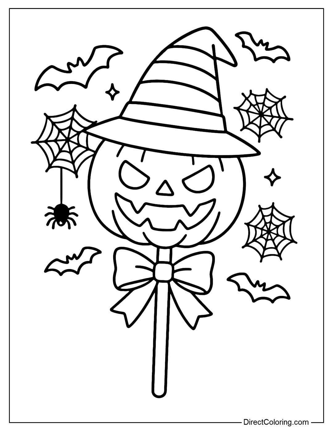 Halloween lollipop coloring page with fierce pumpkin wearing witch hat, decorated with spider webs, small spiders and flying bats.