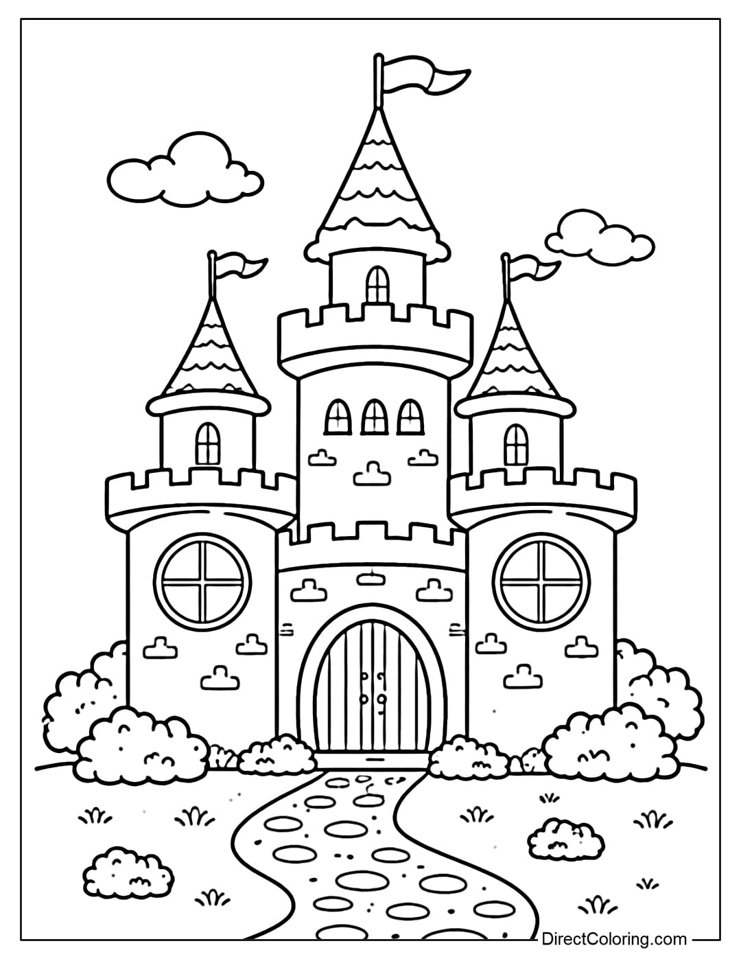 Coloring page of a simple castle with two large round windows and an archway in the middle.