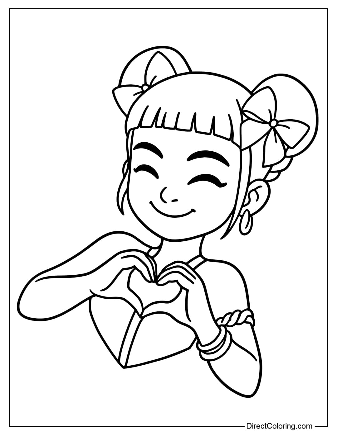 Kpop Demon Hunters Zoey Coloring Page, smiling, making a heart-shaped hand pose.