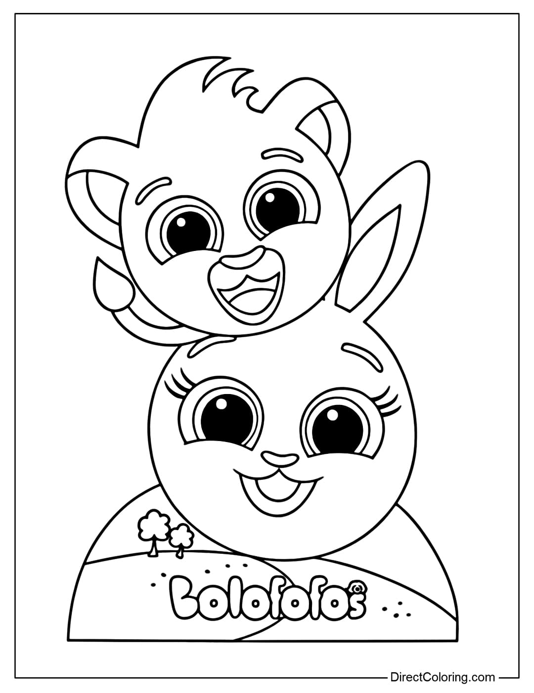 Coloring page of two characters in Bolofofos, the lion Rick and the rabbit Bunny.