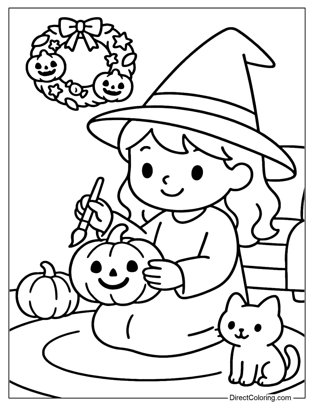 A coloring page of a witch decorating a pumpkin in the living room, with a Halloween wreath hanging on the wall.