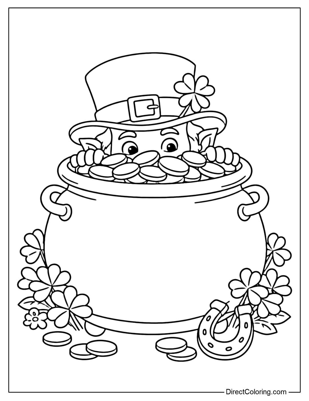 A coloring page of a leprechaun playfully hiding behind a gold pot.
