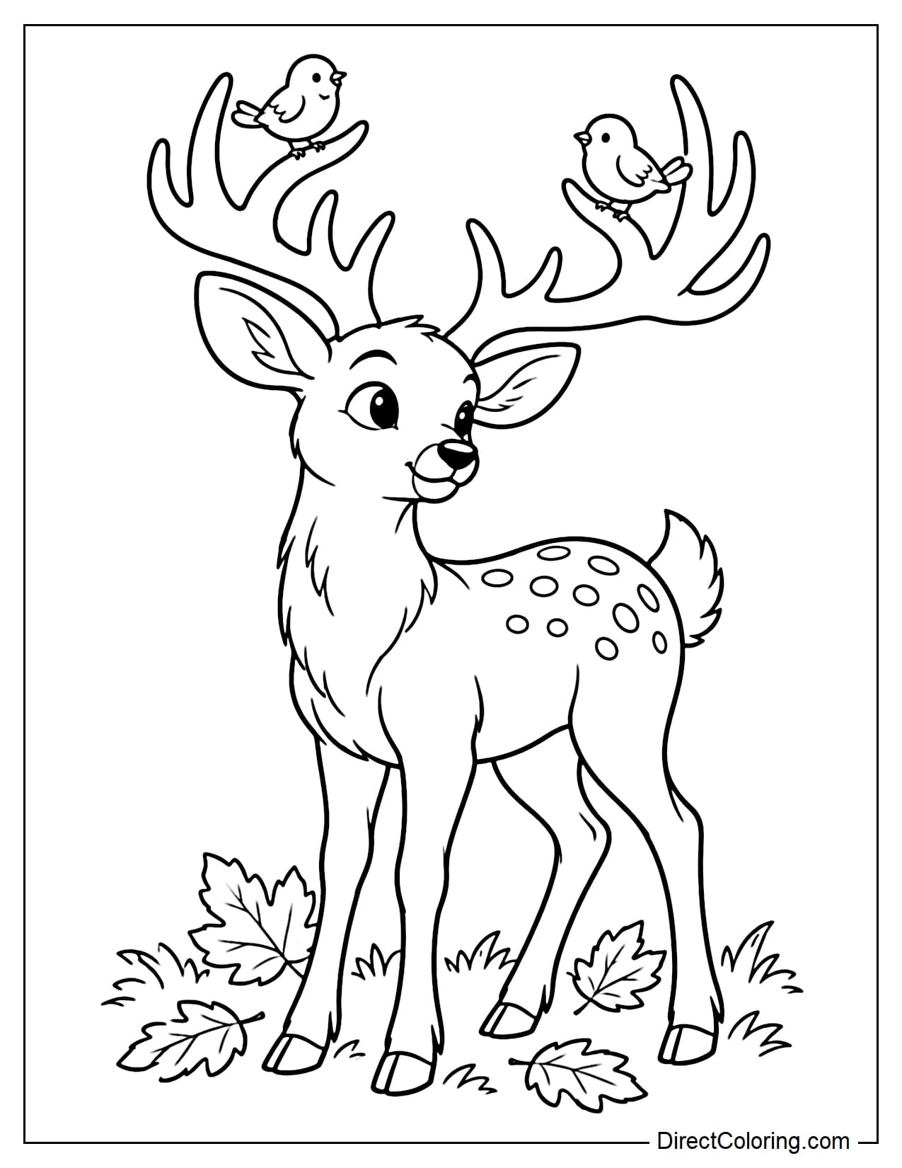 A deer looking back at two small birds perched on its large antlers.