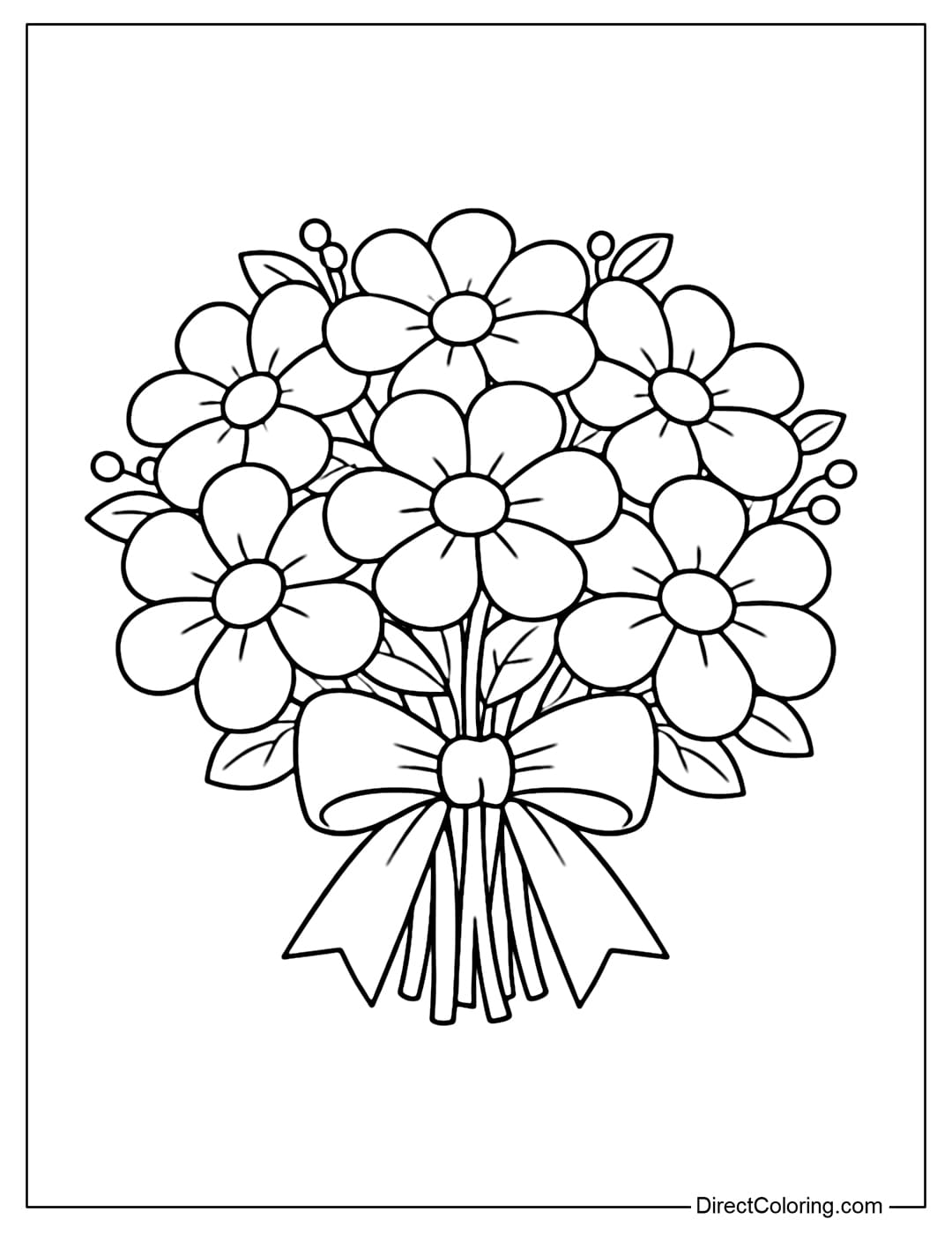 A coloring page of a simple round flower bouquet, consisting of large, round-petaled flowers tied with a large ribbon at the bottom.