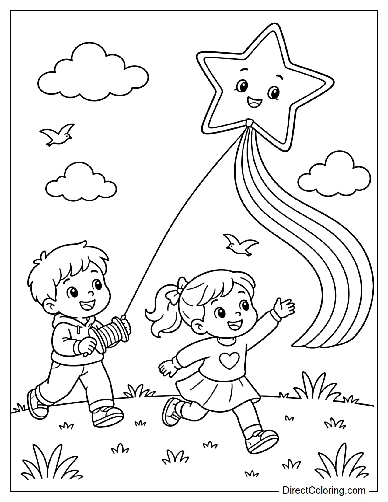 Two children are flying a star-shaped kite high in the sky. One child holds the string, and the other runs ahead, helping the kite fly. The kite has a long, curved tail like a rainbow with large strands, surrounded by clouds, small birds, and grass.