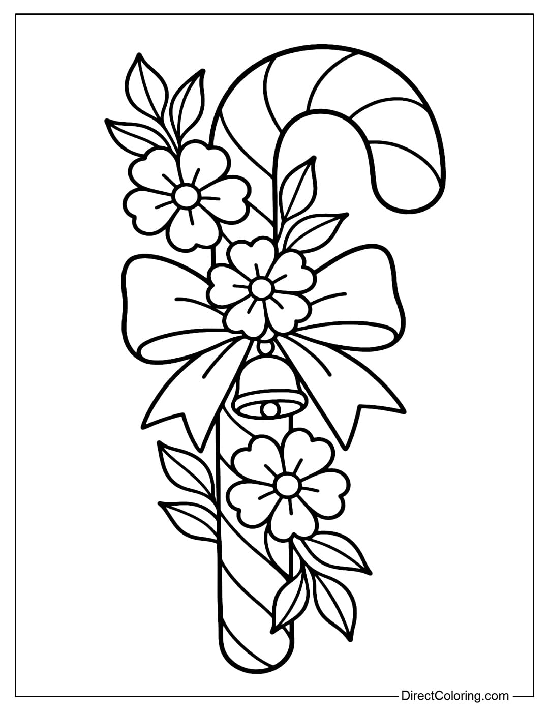 Coloring page of a Candy Cane decorated with a soft ribbon of flowers and leaves wrapped lightly around the stem, with a bow and a small bell.