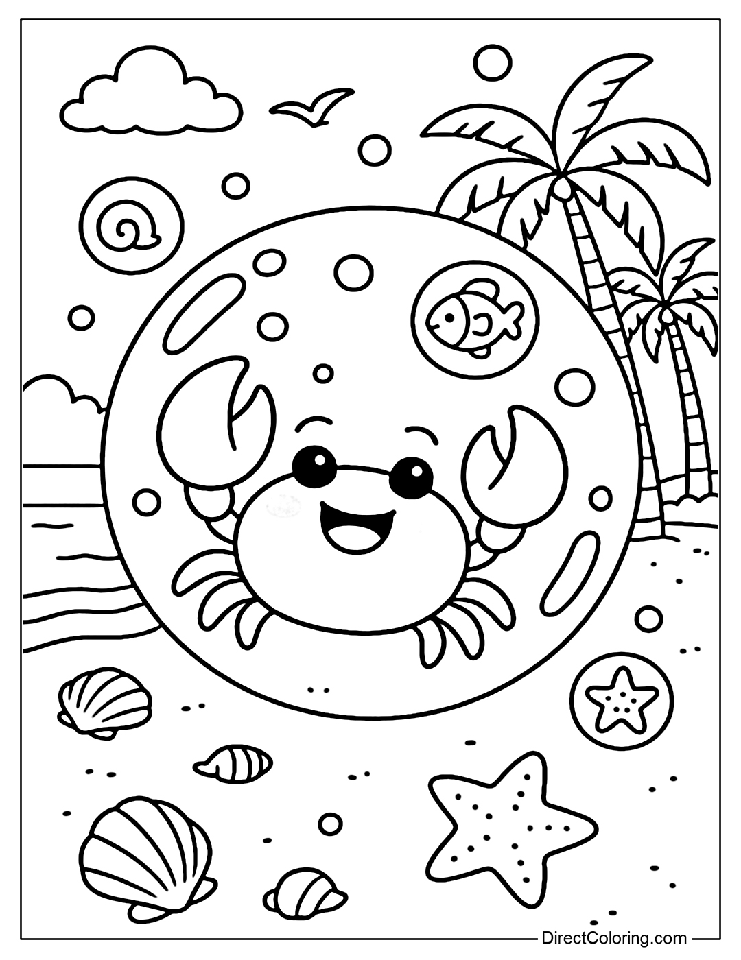 A large soap bubble coloring page containing a small crab smiling and raising its claws playfully. Outside the bubble is a scene of a long stretch of fine sand, scattered with large shells and starfish