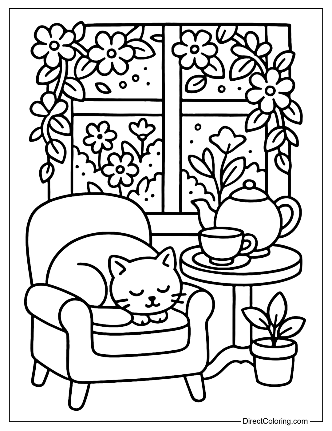 A coloring page of a cat sleeping next to a cup of tea on a small cushioned chair, next to a tea table and a gentle flower pot.