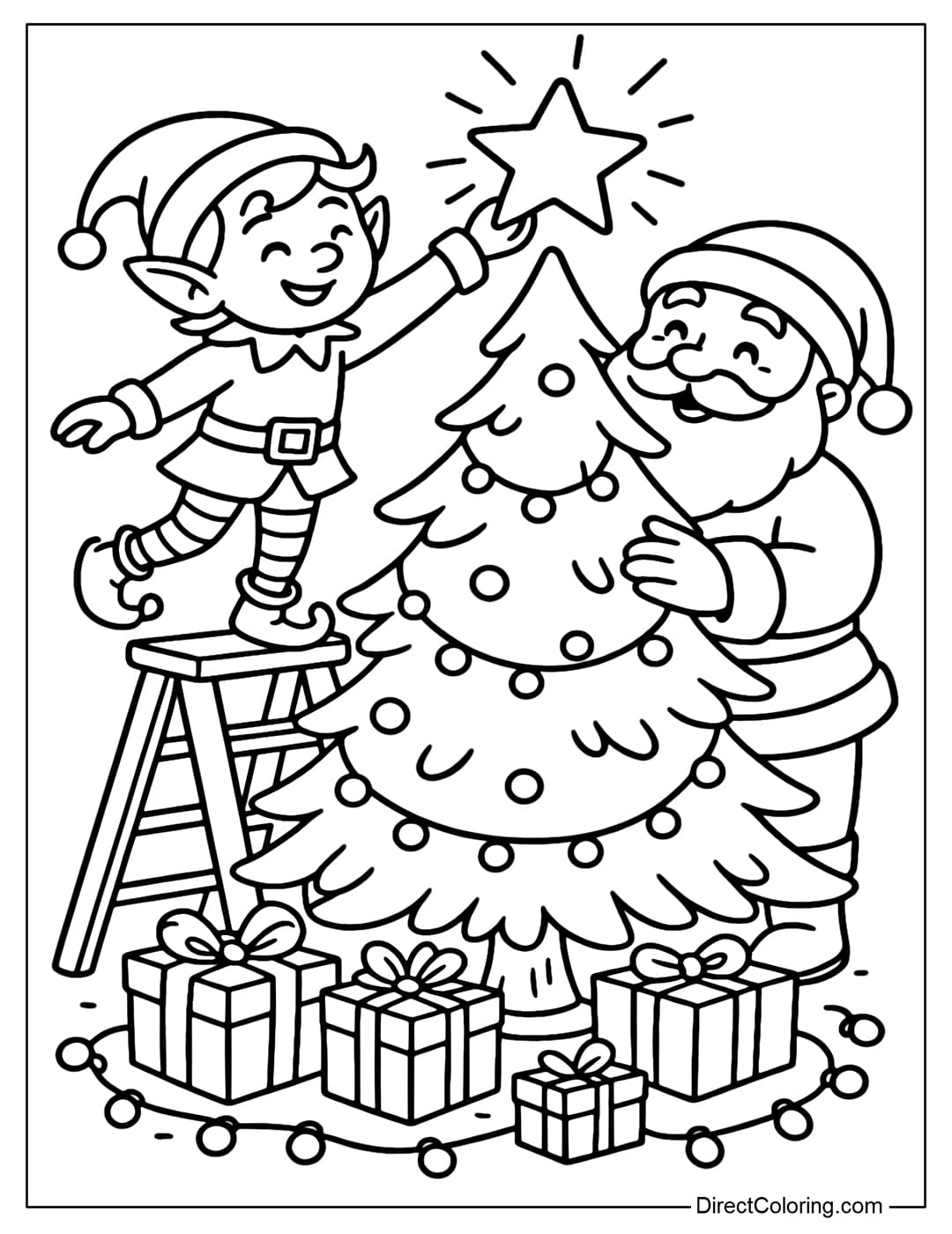 Coloring page of elf standing on a small ladder giving Santa a star to place on top of the tree; presents and lights around the base of the tree.