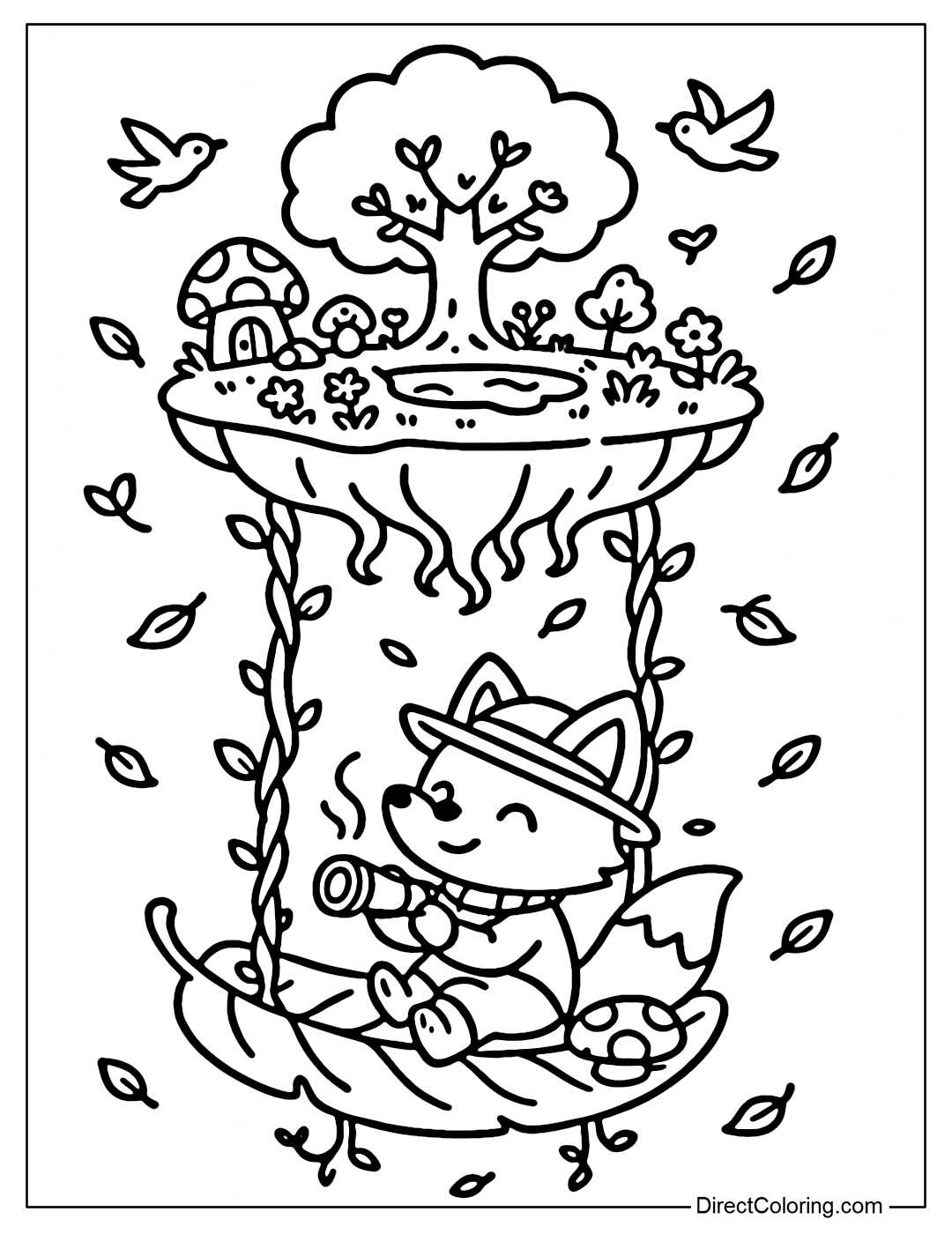 Coloring page of a swing hanging from a small flying island, little fox sitting on a big leaf holding binoculars.