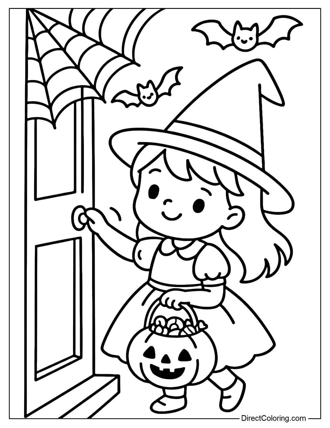 A coloring page of a little girl dressed as a little witch, holding a pumpkin basket full of candy, knocking on the door.