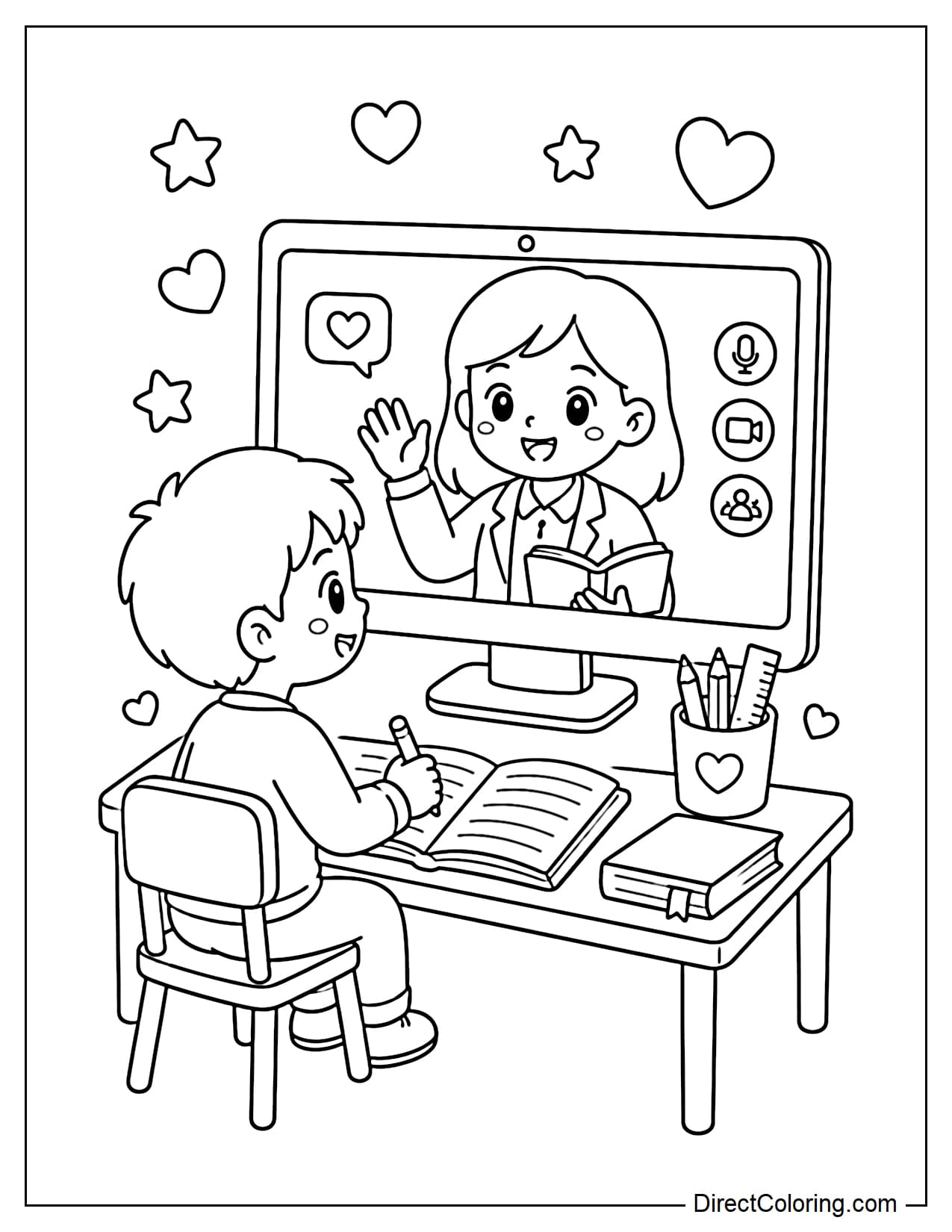 A female teacher appears on a large computer screen, raising her hand in greeting. In front of the screen is a small student sitting at a desk with books and pencils.