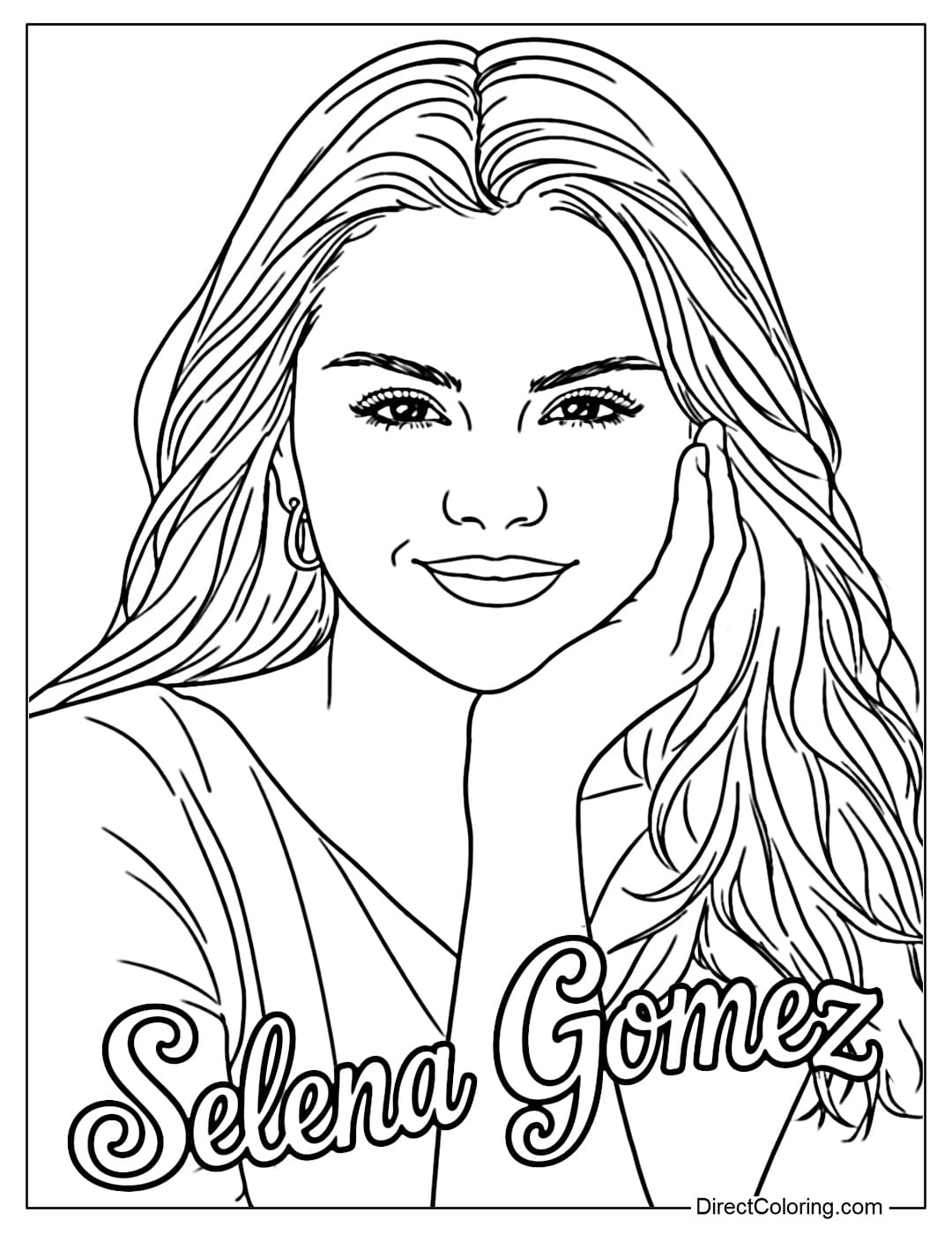 Selena Gomez coloring page with a gentle smile, her hand resting lightly on her cheek, and her hair flowing softly.