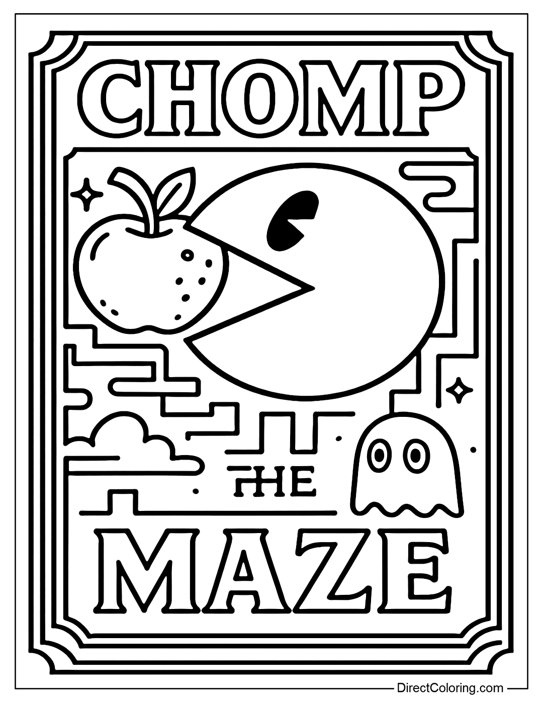 The poster coloring page has the words Chomp the Maze with Pac-Man biting a big fruit, the background is a nostalgic frame.