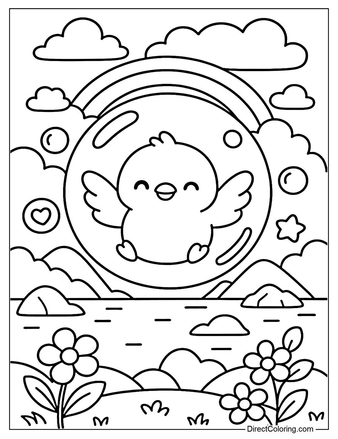 A large soap bubble coloring page containing a baby bird spreading its wings. Behind the bubble is a vast sky with clouds and a brilliant curved rainbow.