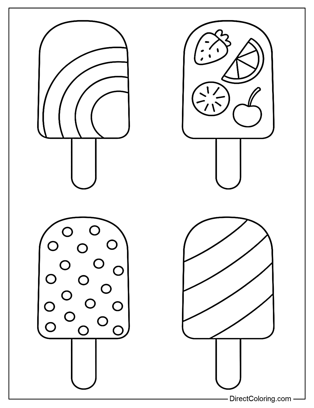 Coloring page of four different popsicles with rainbow, fruit and polka dot patterns.