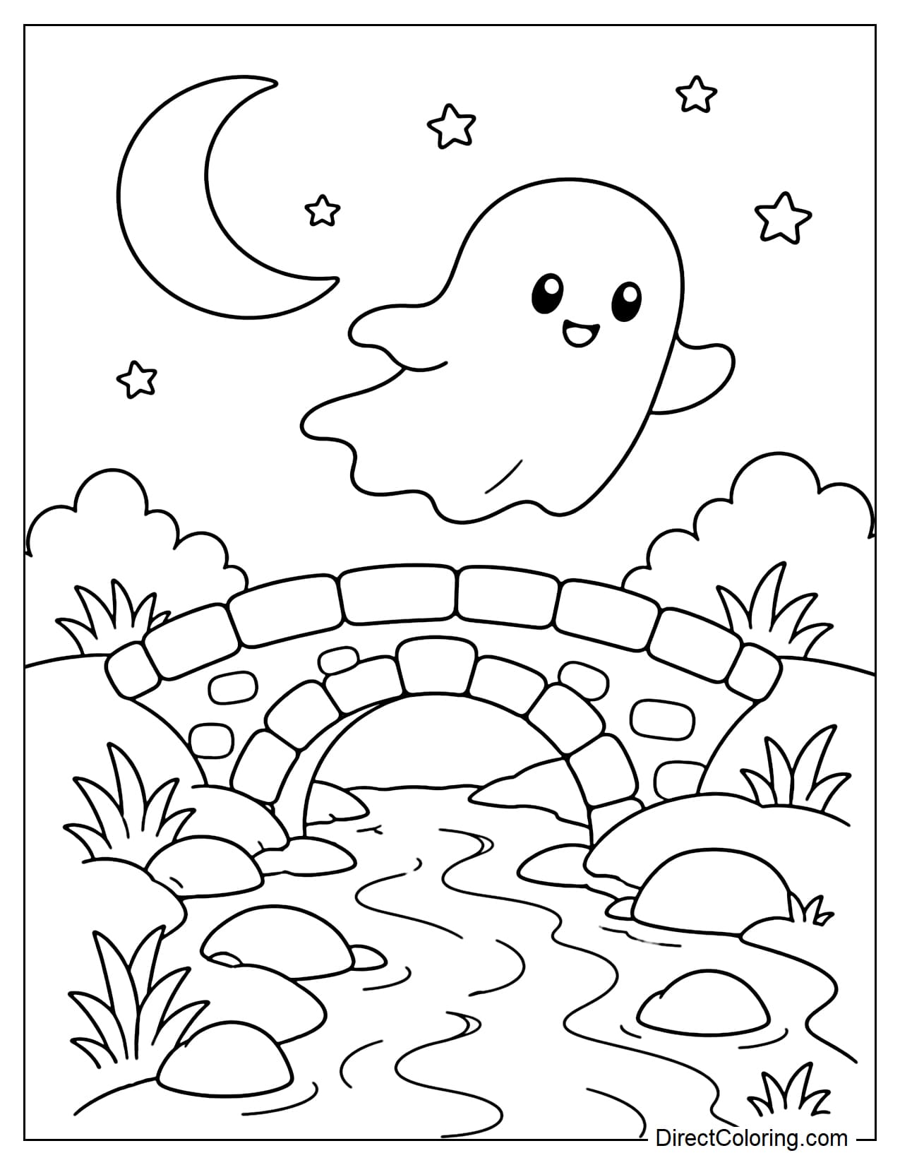 A ghost gently floats across a small stone bridge over a stream, with several large rocks and patches of grass below and a crescent moon with a few stars in the background.