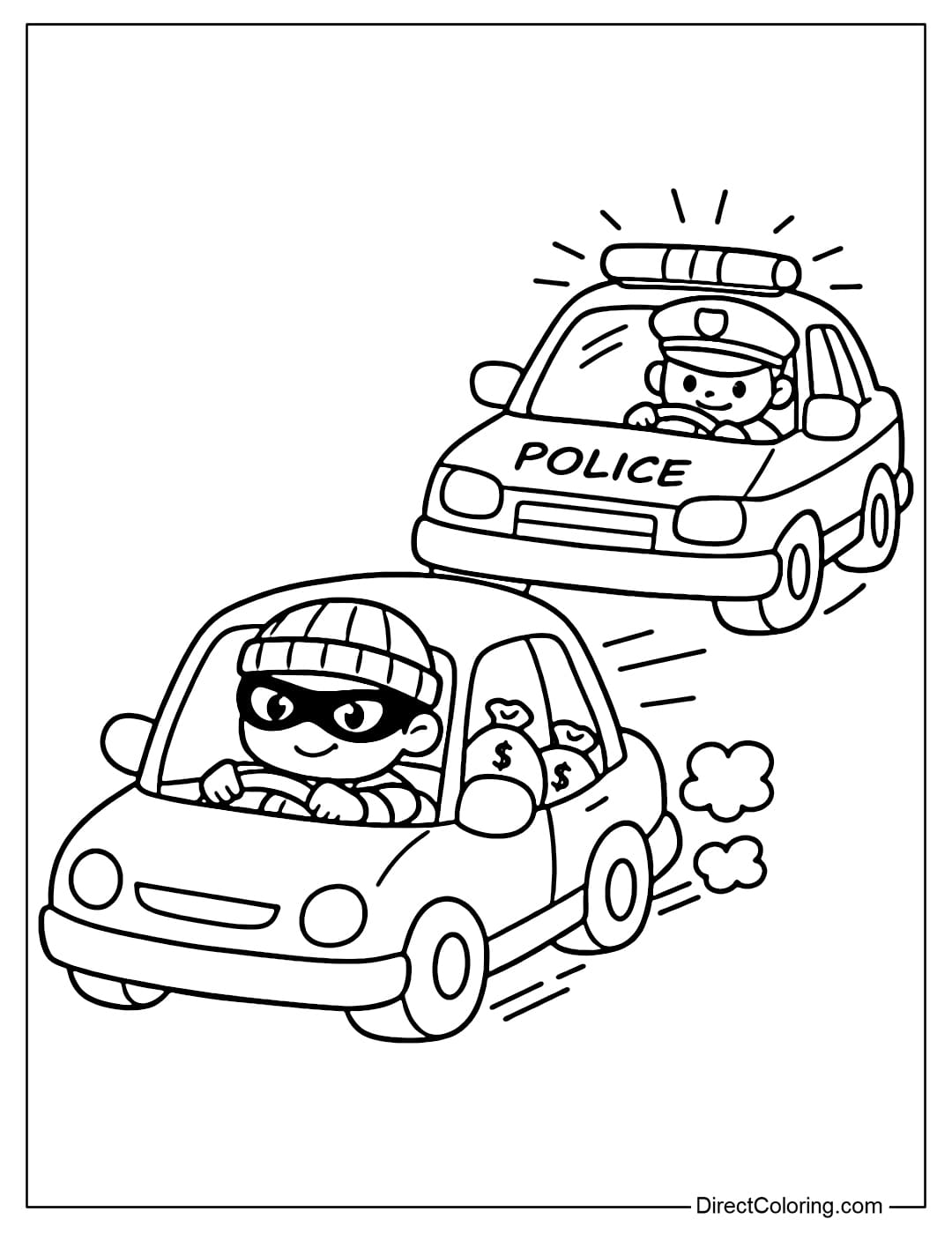 Coloring page of a police car chasing a criminal's car.