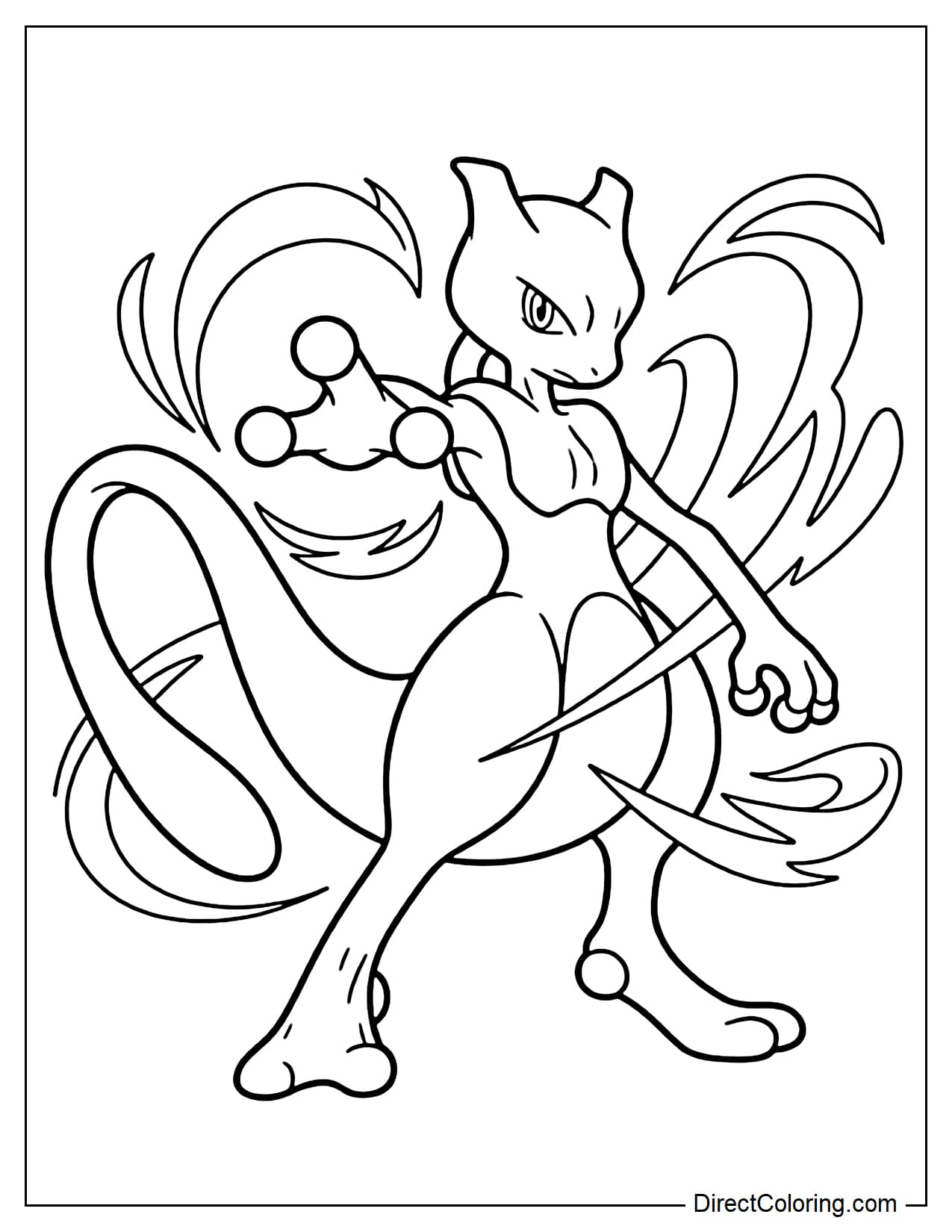 Mewtwo stands in a powerful pose with its legs spread apart, one arm extended forward, surrounded by several energy waves.