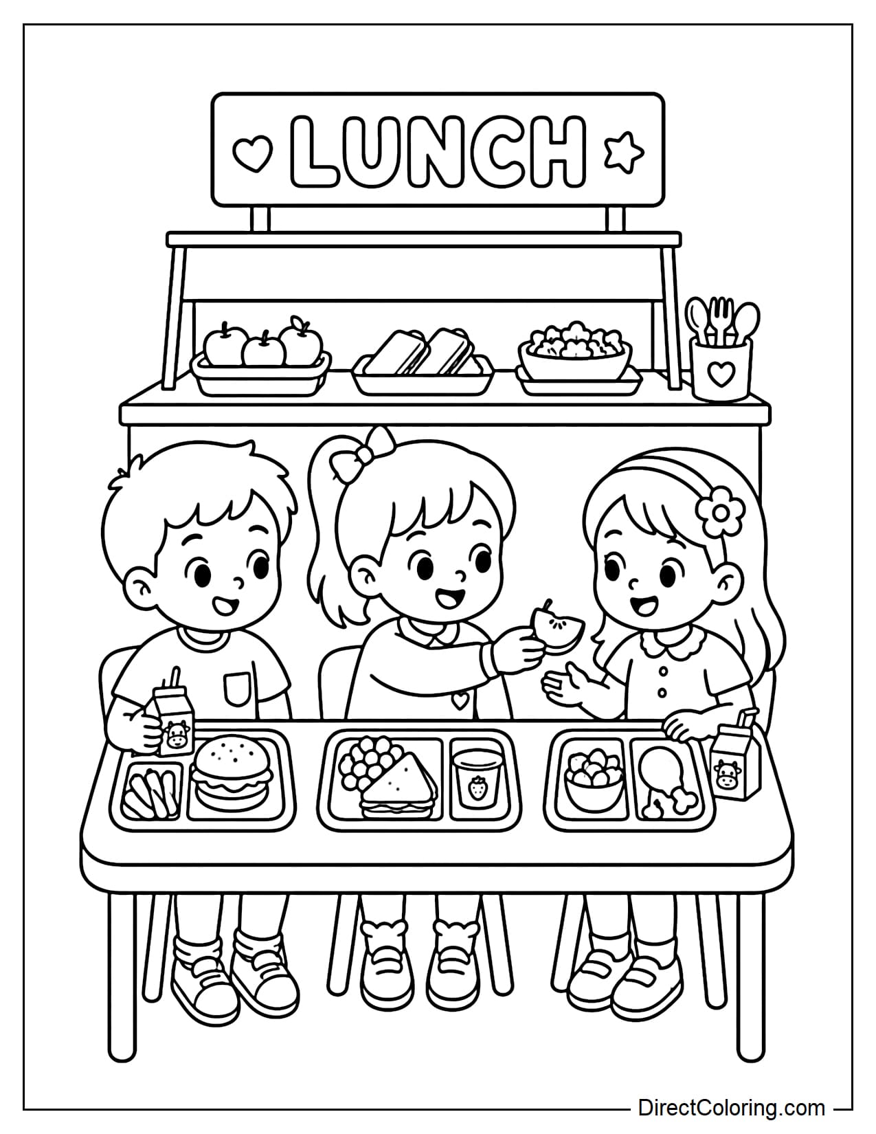 Three students sit at a table in the school cafeteria, each with a food tray, and one is happily sharing a piece of fruit with the student next to them.