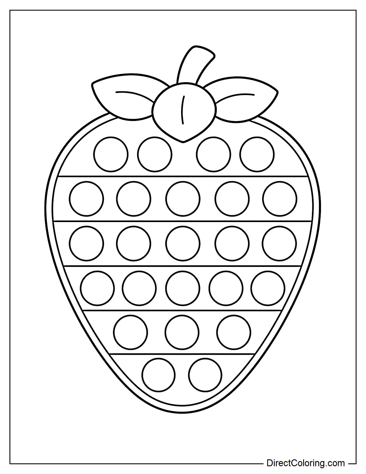 A strawberry-shaped pop it with a rounded triangular body, round bubbles arranged evenly instead of strawberry seeds, and a leaf on top.