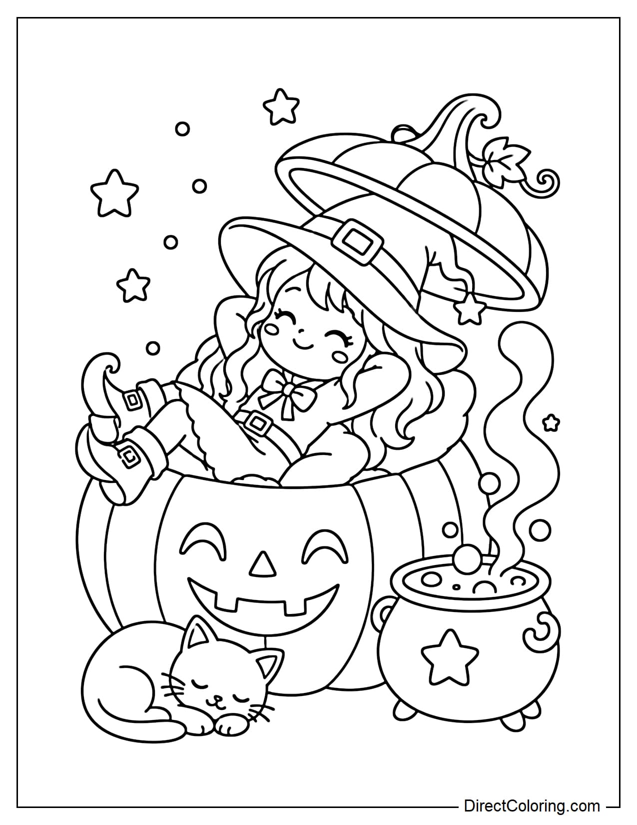 A small witch relaxing inside a giant open Halloween pumpkin shaped like a cozy chair, with a bubbling cauldron beside her and a black cat curled up asleep nearby.