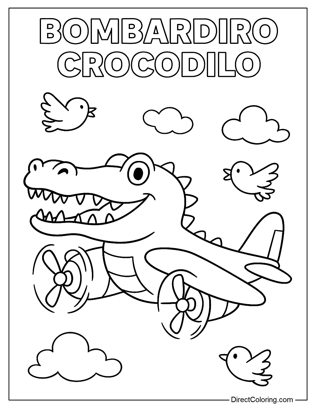 Bombardiro Crocodilo Coloring Page flying with some happy little birds