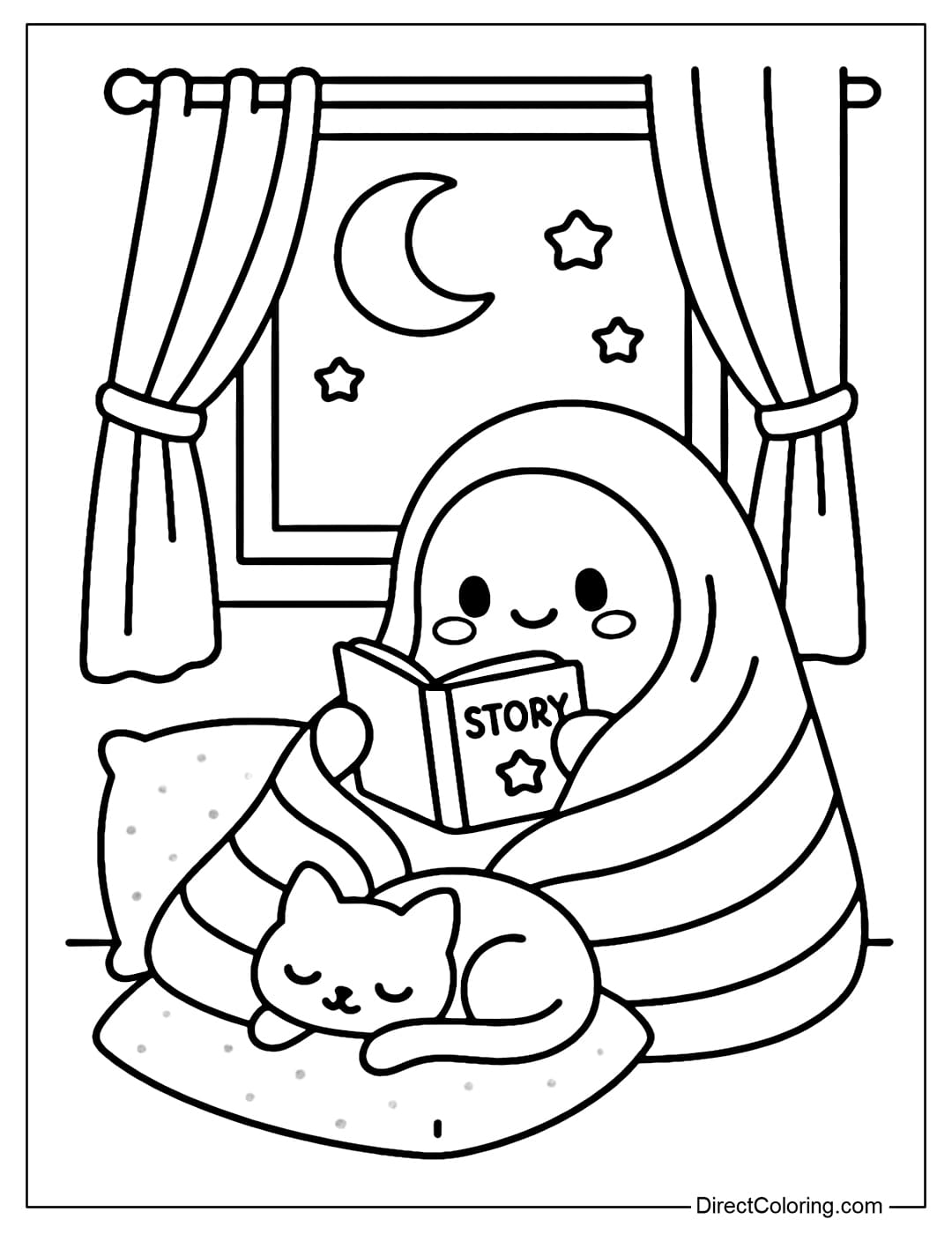 Ghost reading book coloring page by the window, ghost curled up in blanket reading a story, moonlight shining through the curtains and a cat sleeping on the knee.