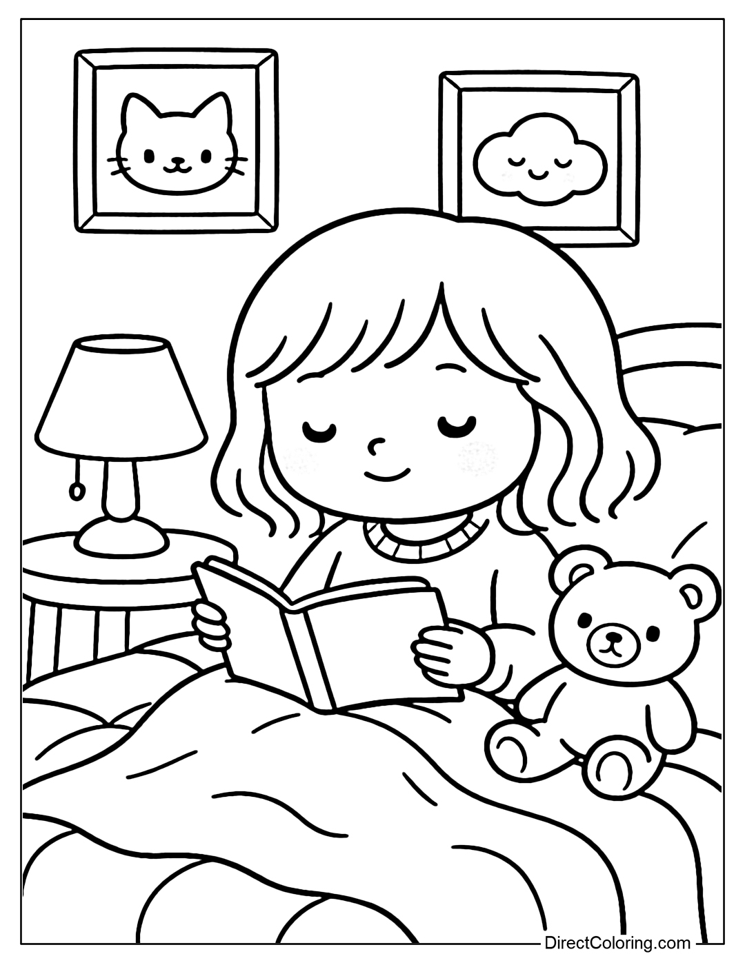 Coloring page of a little boy sitting reading a book under a night light, surrounded by teddy bears and lovely wall paintings.