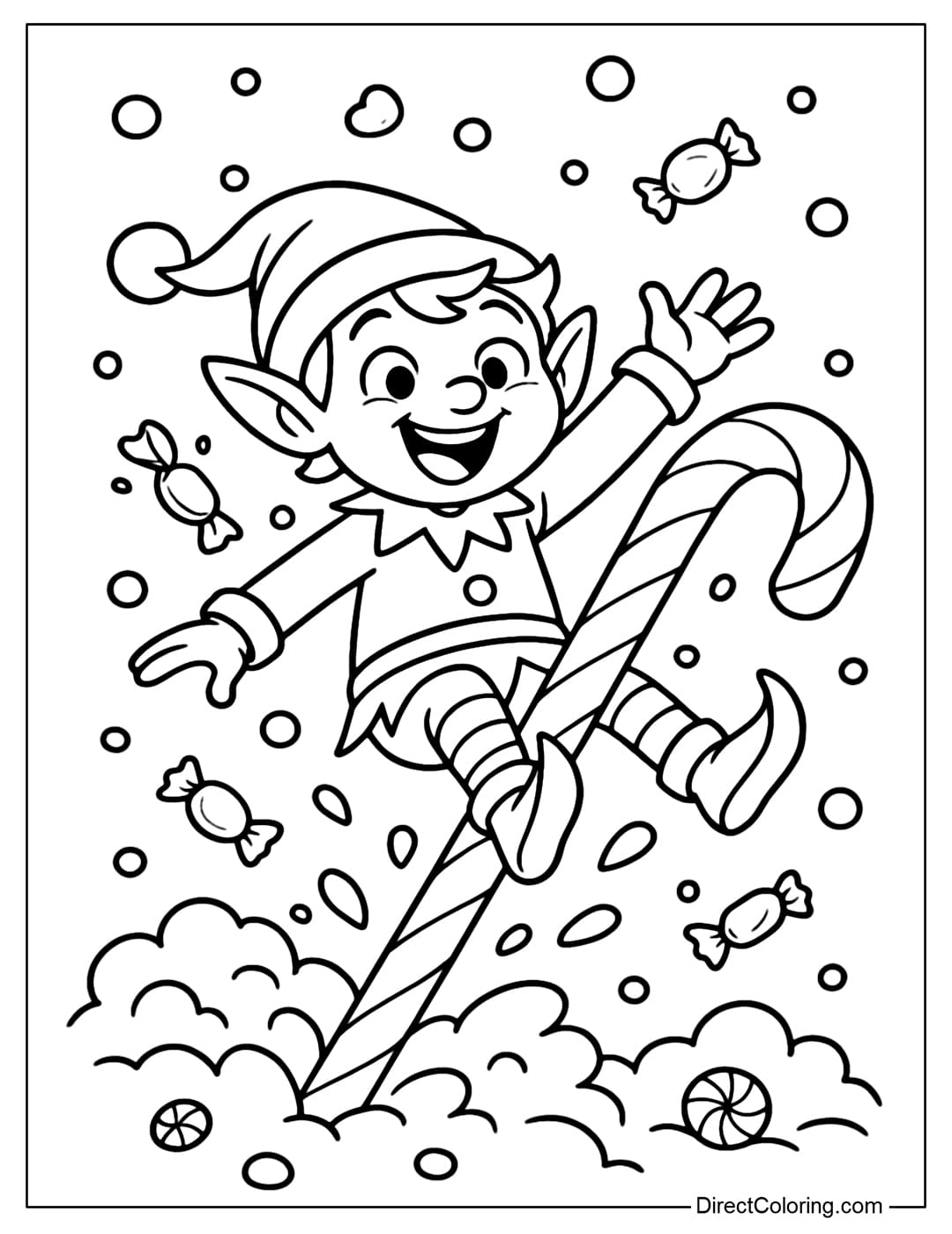 A coloring page of an elf sliding down a giant candy cane, with snow and candy flying everywhere.