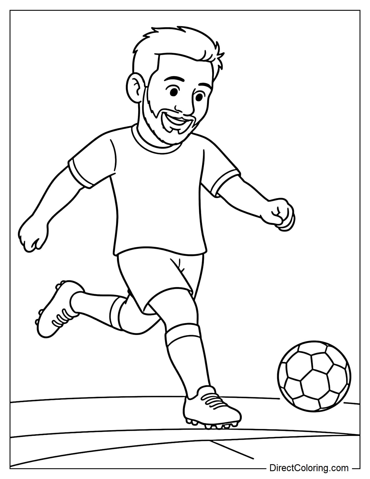 Lionel Messi is performing a simple soccer kick, one leg swinging slightly, the ball flying low near the ground, with a cheerful smile on his face.
