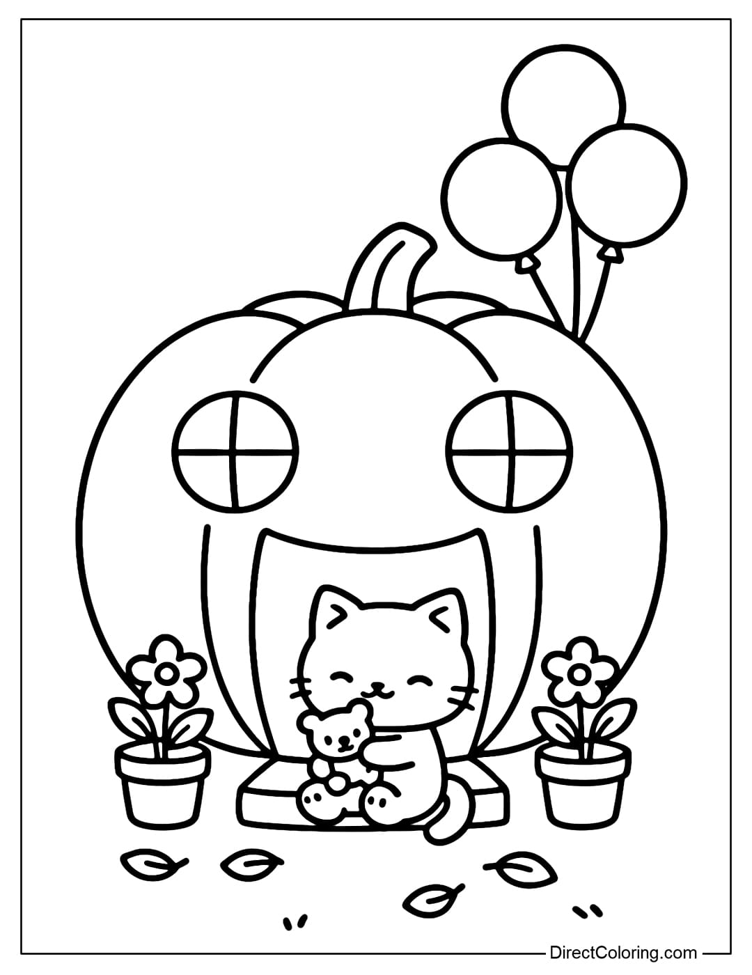 Pumpkin Toy Shop Coloring Page A round pumpkin-shaped toy shop coloring page, with round windows like eyes, and a cute smile on the main door.