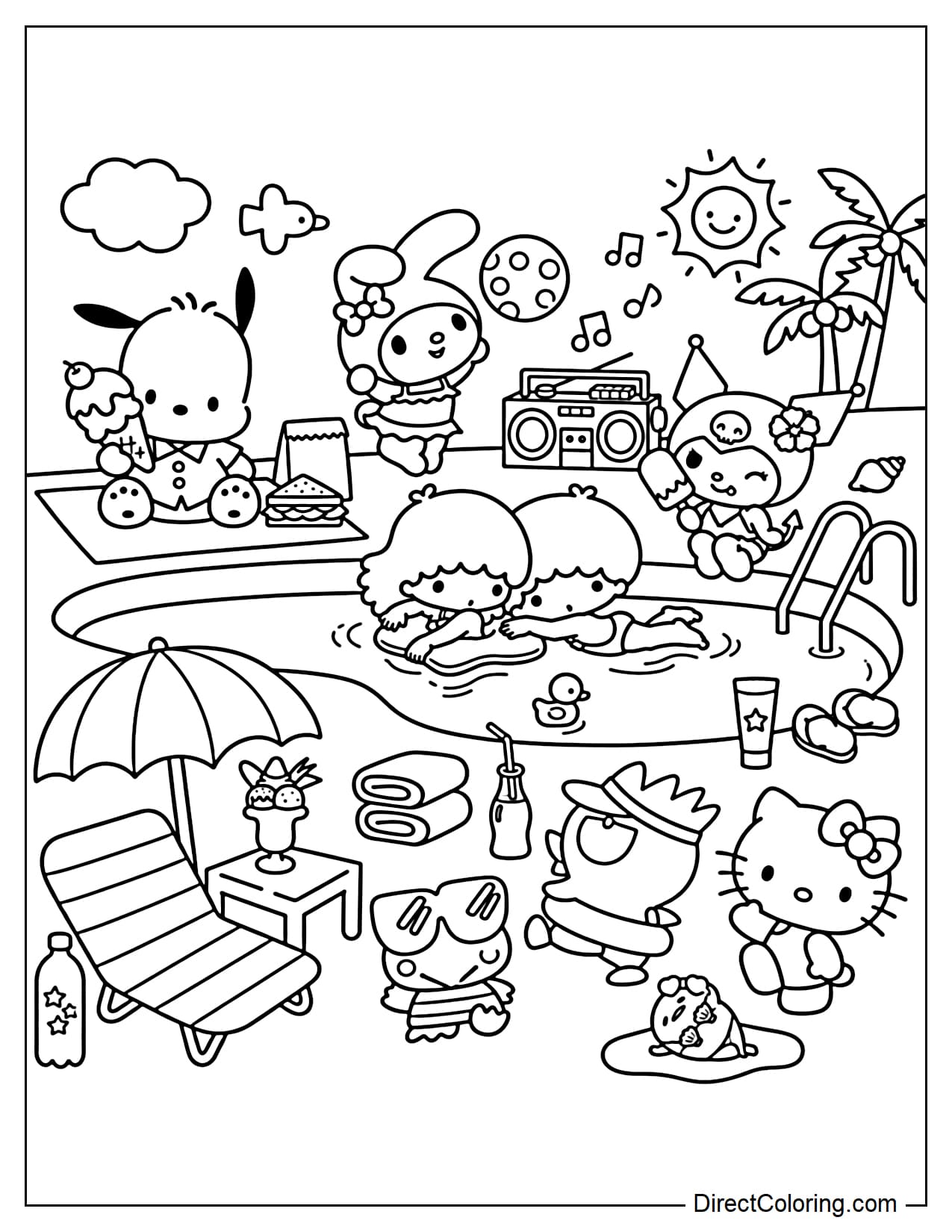 Sanrio characters Hello Kitty, My Melody, Kuromi, Pochacco, Keroppi, Badtz-Maru, and Little Twin Stars are having fun at a summer pool. They're surrounded by lounge chairs, sun umbrellas, towels, sunglasses, a radio playing music, and ice cream.