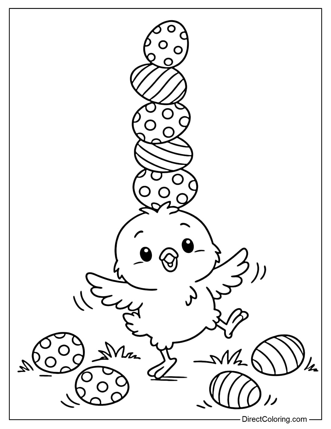 A coloring page of a cute Easter chick standing on tiptoe, trying to balance a tower of stacked Easter eggs.