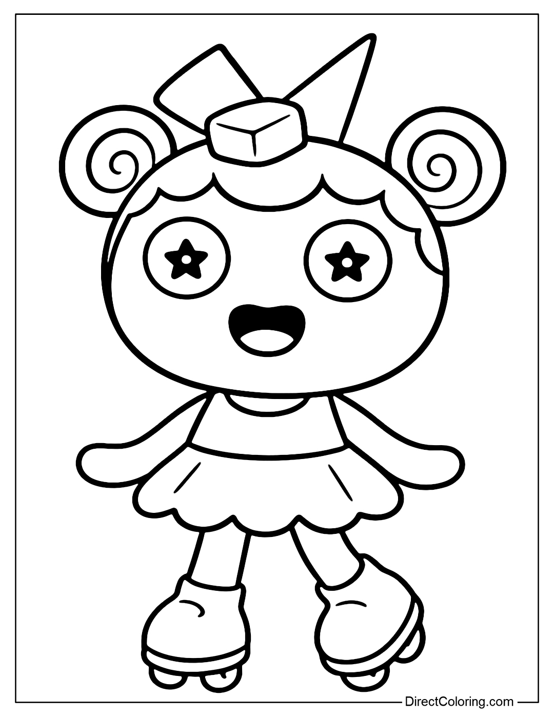 The Freddy doll coloring page has a round body like a pancake, on her head is a butter skewer hat, and her hair is 2 round pancake-shaped rolls. Super silly expression.