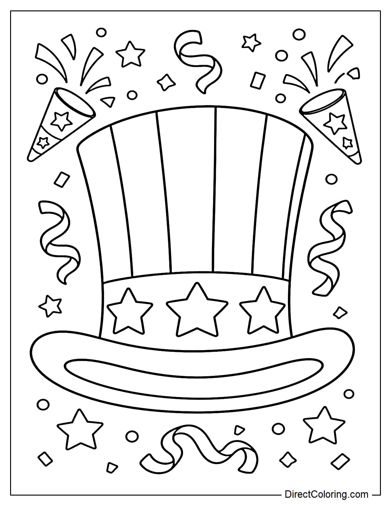 A giant Uncle Sam hat with prominent stars and stripes, surrounded by confetti and ribbon decorations.