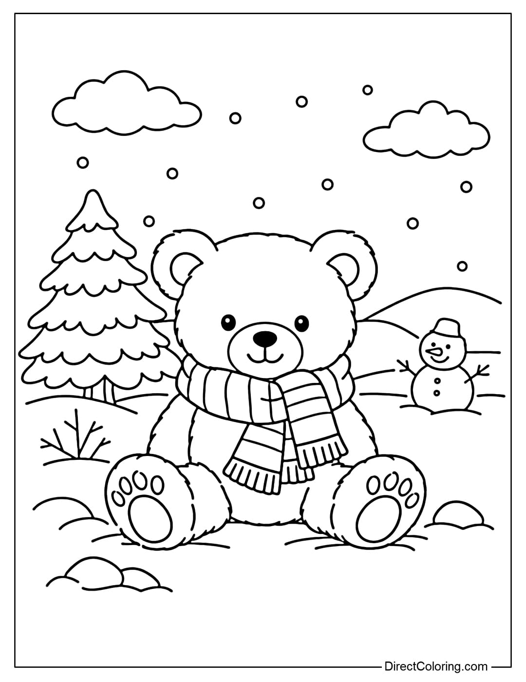 Coloring page of a teddy bear wearing a scarf in a simple winter setting.