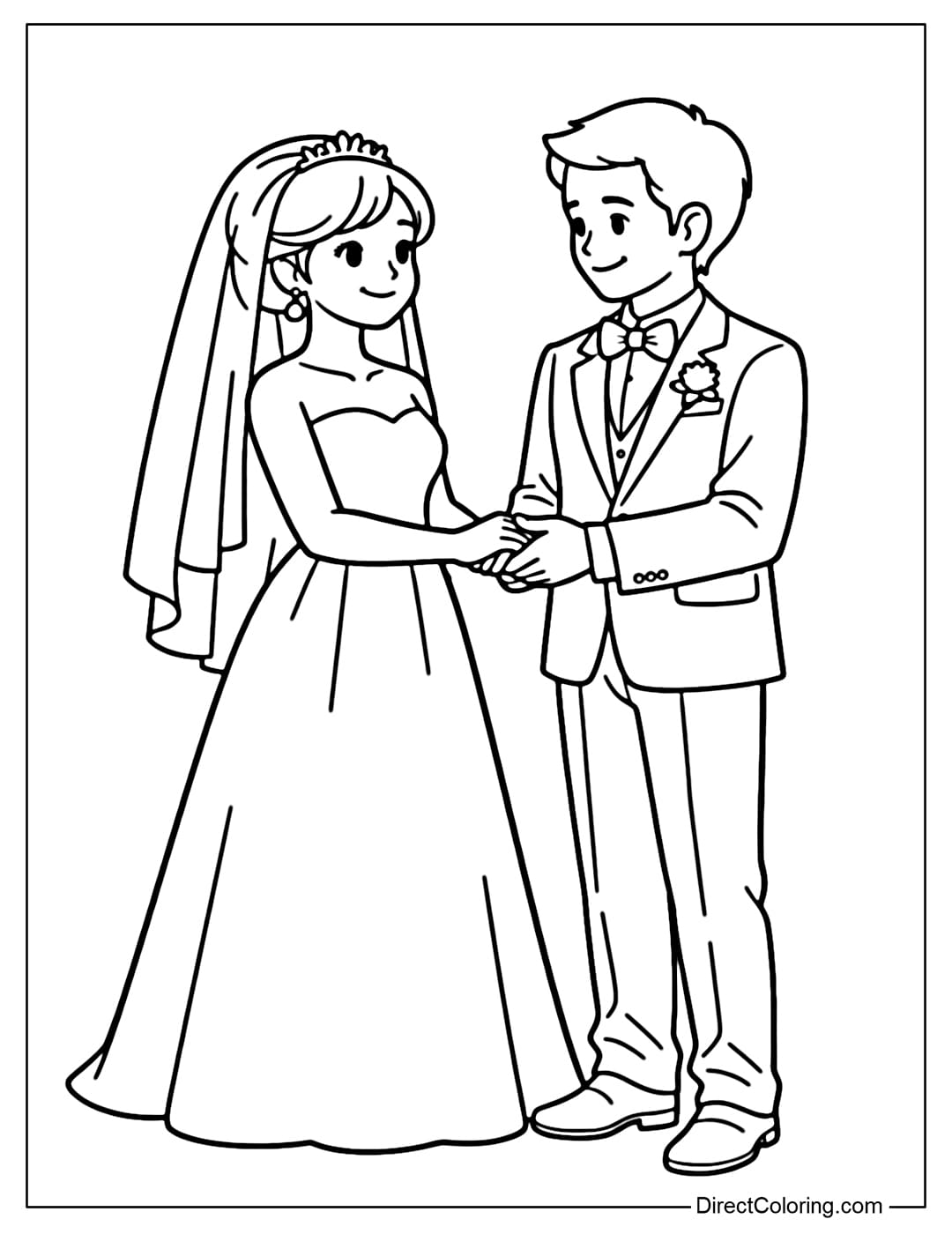 A coloring page featuring the bride and groom standing side-by-side, holding hands gently, in simple yet elegant wedding attire.