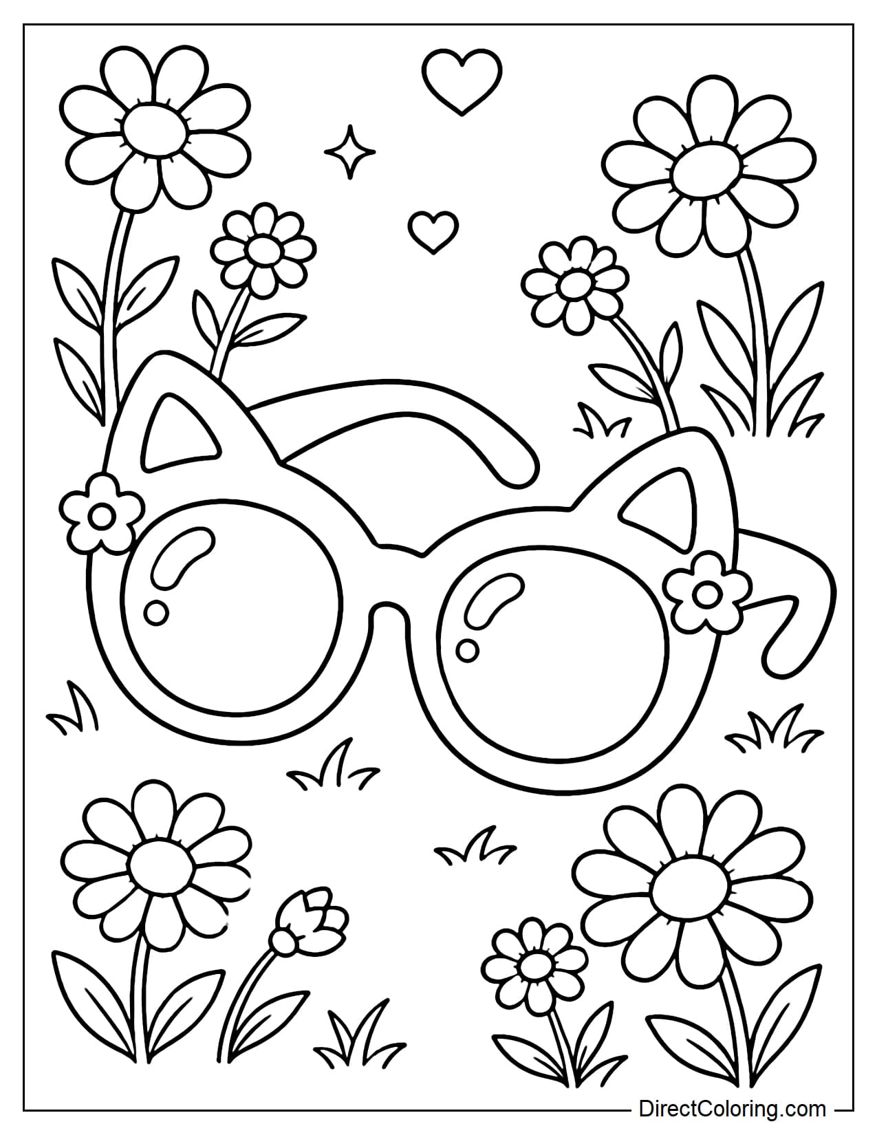 A pair of cute cat-ear sunglasses, with a rounded frame and two small cat ears at the top, set against a backdrop of a white daisy garden.